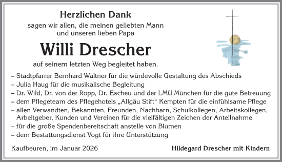 Traueranzeige von Willi Drescher von Allgäuer Zeitung, Kaufbeuren/Buchloe