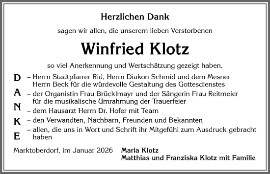 Traueranzeige von Winfried Klotz von Allgäuer Zeitung, Marktoberdorf