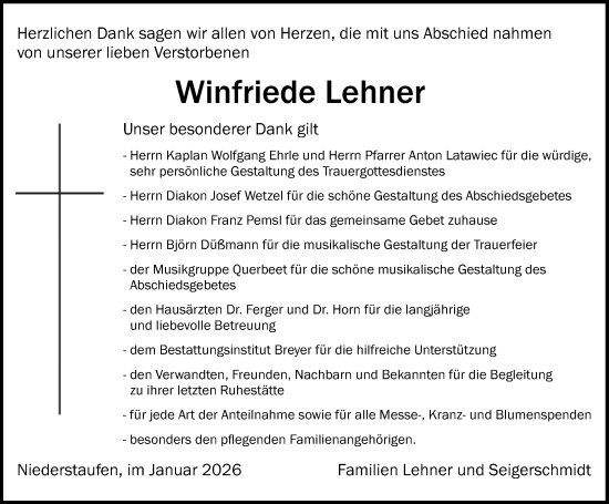 Traueranzeige von Winfriede Lehner von Der Westallgäuer