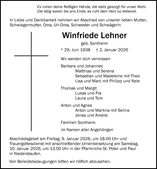 Traueranzeige von Winfriede Lehner von Der Westallgäuer