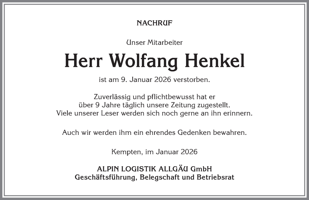  Traueranzeige für Wolfang Henkel vom 17.01.2026 aus Memminger Zeitung