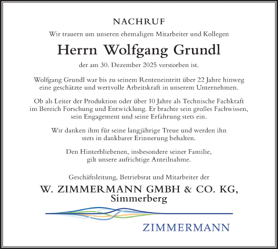 Traueranzeige von Wolfgang Grundl von Der Westallgäuer