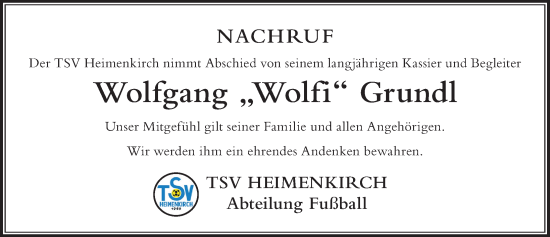 Traueranzeige von Wolfgang Grundl von Der Westallgäuer