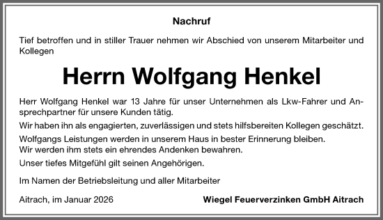 Traueranzeige von Wolfgang Henkel von Memminger Zeitung