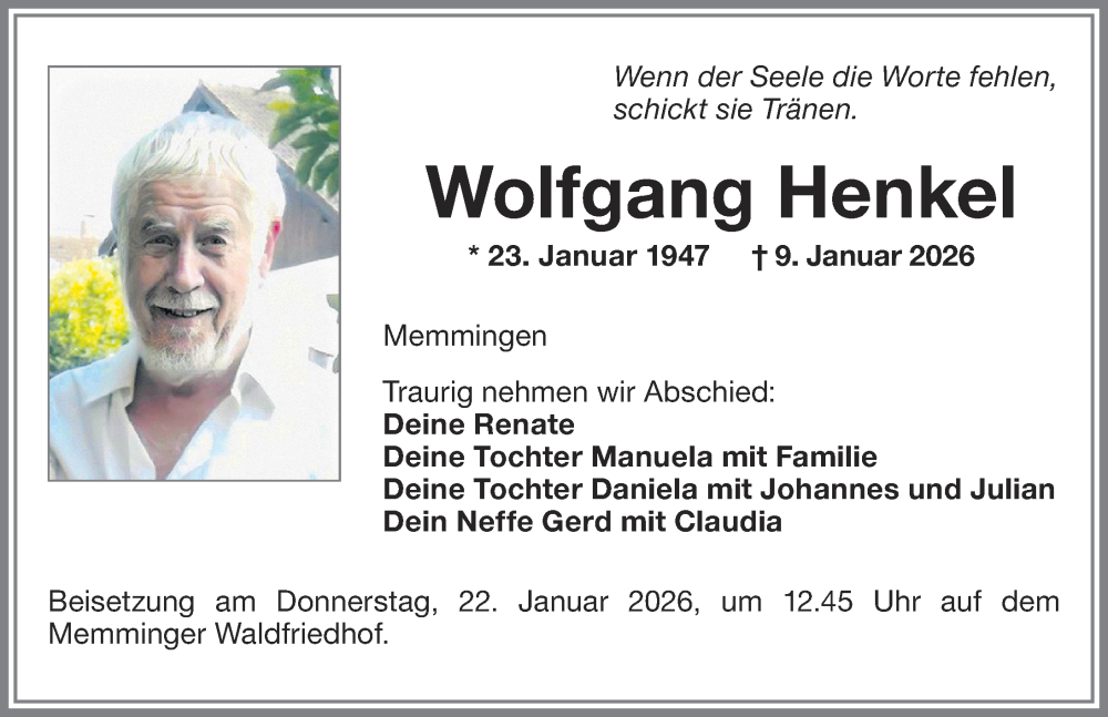  Traueranzeige für Wolfgang Henkel vom 17.01.2026 aus Memminger Zeitung