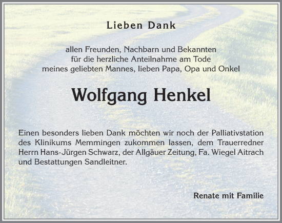 Traueranzeige von Wolfgang Henkel von Memminger Zeitung