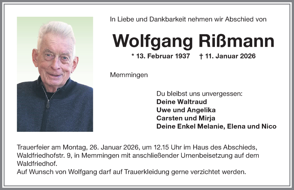  Traueranzeige für Wolfgang Rißmann vom 22.01.2026 aus Memminger Zeitung