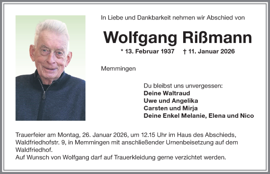 Traueranzeige von Wolfgang Rißmann von Memminger Zeitung