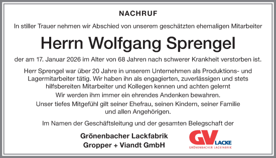 Traueranzeige von Wolfgang Sprengel von Memminger Zeitung