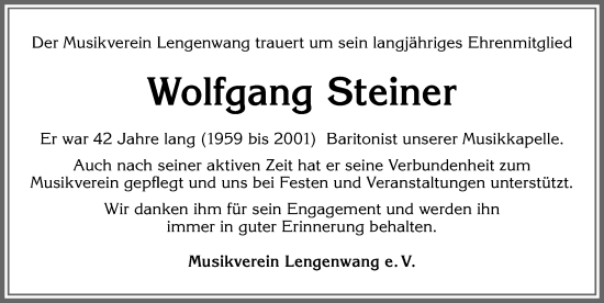 Traueranzeige von Wolfgang Steiner von Allgäuer Zeitung, Marktoberdorf