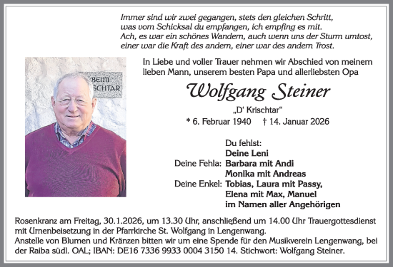 Traueranzeige von Wolfgang Steiner von Allgäuer Zeitung, Marktoberdorf