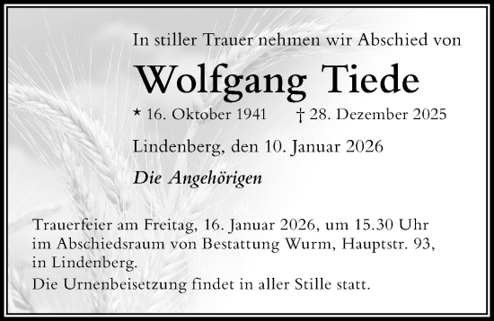 Traueranzeige von Wolfgang Tiede von Der Westallgäuer
