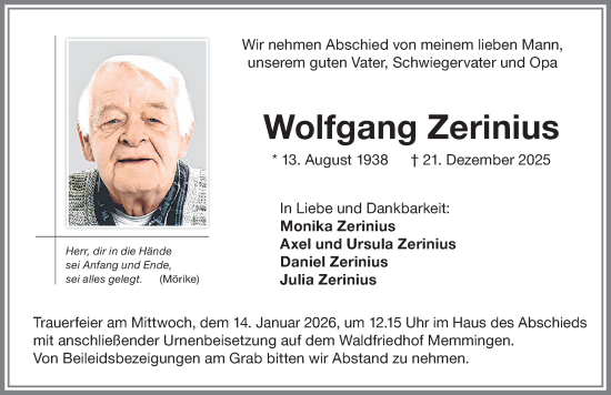 Traueranzeige von Wolfgang Zerinius von Memminger Zeitung