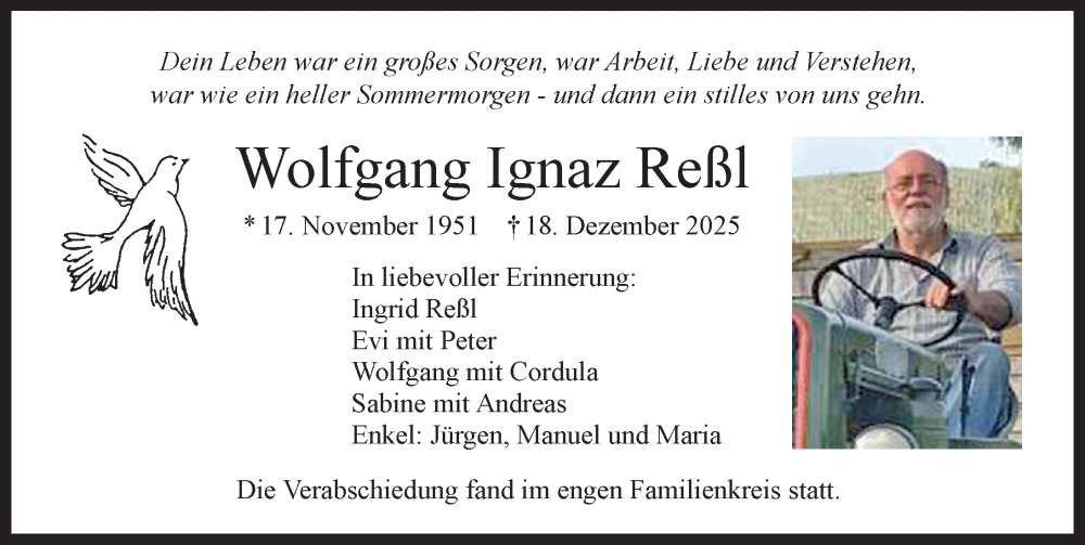  Traueranzeige für Wolfgang Ignaz Reßl vom 17.01.2026 aus Allgäuer Zeitung, Kaufbeuren/Buchloe