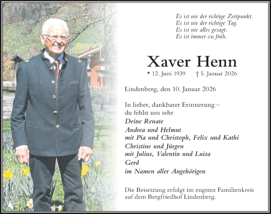 Traueranzeige von Xaver Henn von Der Westallgäuer