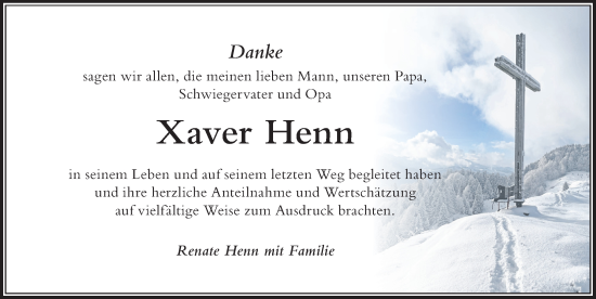 Traueranzeige von Xaver Henn von Der Westallgäuer