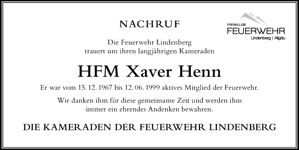  Traueranzeige für Xaver Henn vom 13.01.2026 aus Der Westallgäuer
