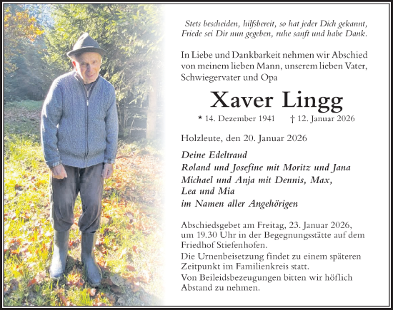 Traueranzeige von Xaver Lingg von Der Westallgäuer
