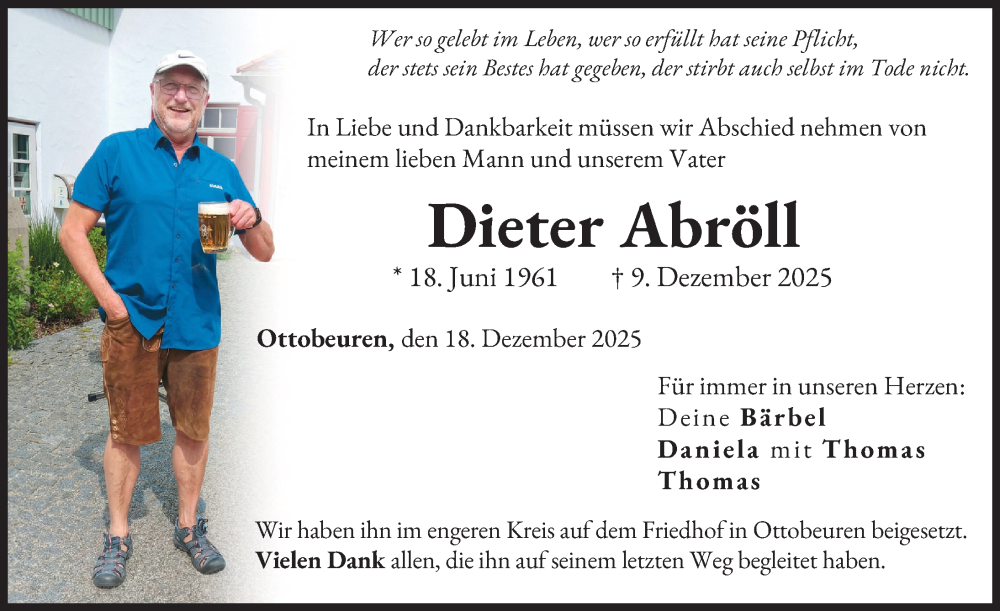  Traueranzeige für Dieter Abröll  vom 18.12.2025 aus Memminger Zeitung 