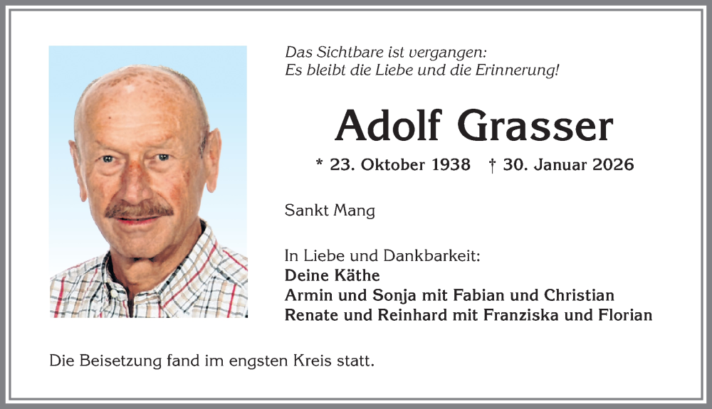  Traueranzeige für Adolf Grasser vom 28.02.2026 aus Allgäuer Zeitung,Kempten
