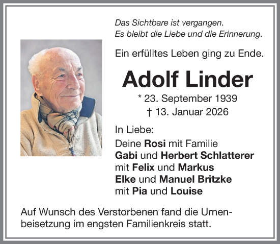 Traueranzeige von Adolf Linder von Memminger Zeitung