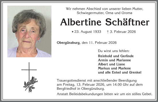 Traueranzeige von Albertine Schäftner von Allgäuer Zeitung, Marktoberdorf