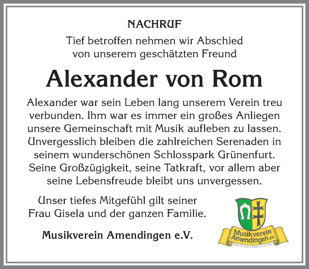  Traueranzeige für Alexander von Rom vom 28.02.2026 aus Memminger Zeitung