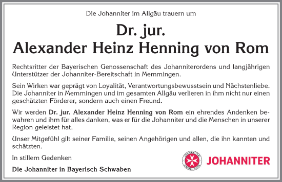Traueranzeige von Alexander Heinz Henning von Rom von Memminger Zeitung