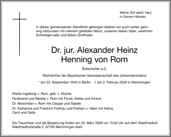 Traueranzeige von Alexander Heinz Henning von Rom von Memminger Zeitung
