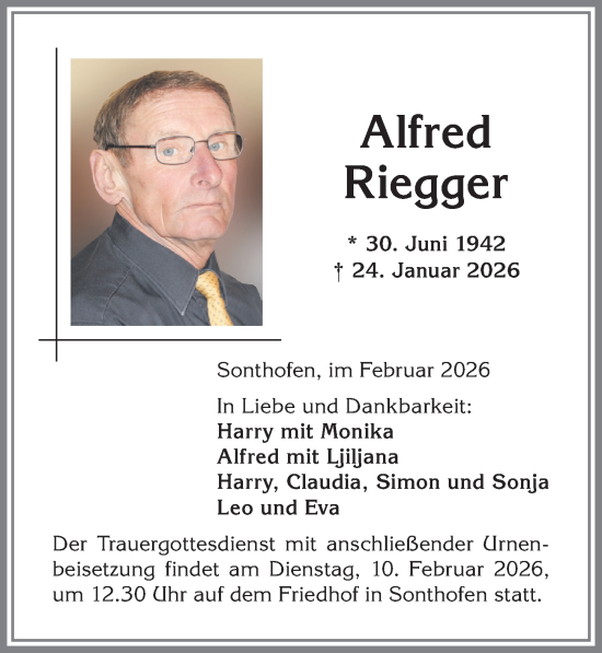 Traueranzeige von Alfred Riegger von Allgäuer Anzeigeblatt