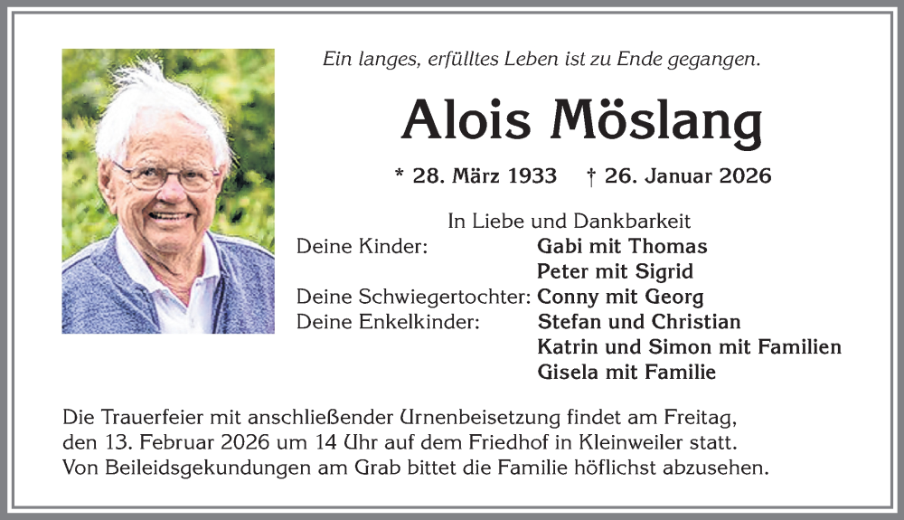  Traueranzeige für Alois Möslang vom 10.02.2026 aus Allgäuer Zeitung,Kempten