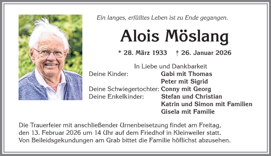 Traueranzeige von Alois Möslang von Allgäuer Zeitung,Kempten