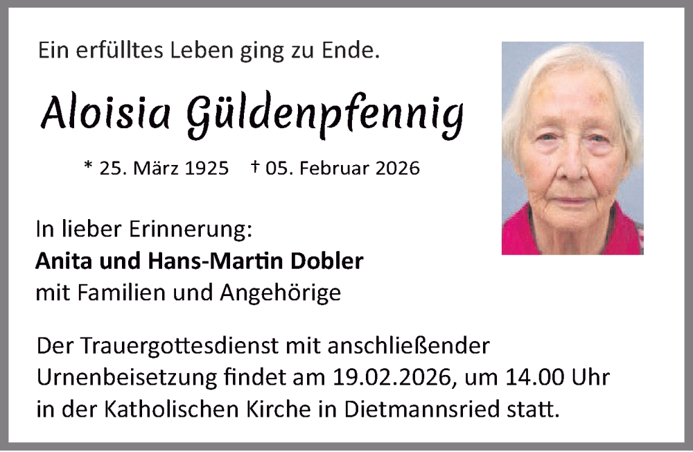 Traueranzeige für Aloisia Güldenpfennig vom 14.02.2026 aus Allgäuer Zeitung,Kempten