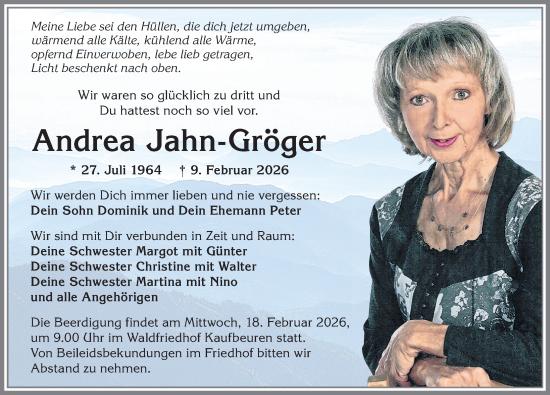 Traueranzeige von Andrea Jahn-Gröger von Allgäuer Zeitung, Kaufbeuren/Buchloe
