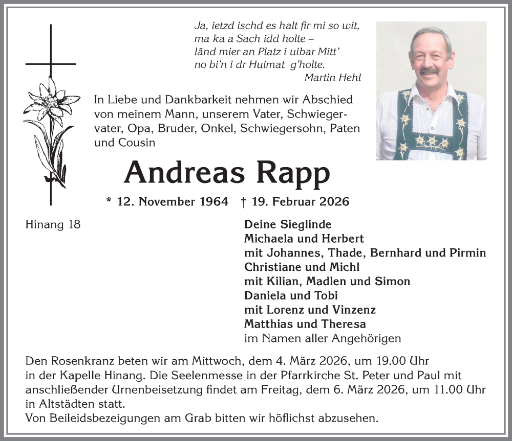  Traueranzeige für Andreas Rapp vom 28.02.2026 aus Allgäuer Anzeigeblatt