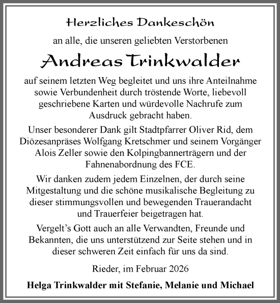 Traueranzeige von Andreas Trinkwalder von Allgäuer Zeitung, Marktoberdorf