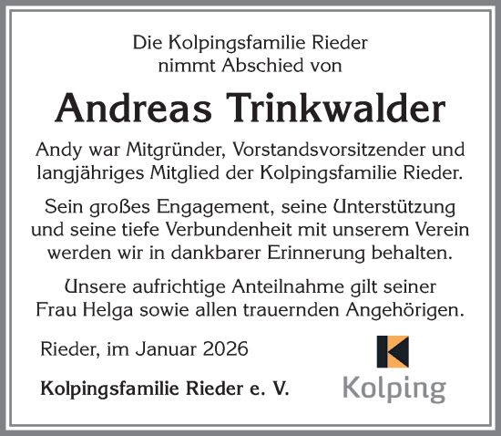 Traueranzeige von Andreas Trinkwalder von Allgäuer Zeitung, Marktoberdorf