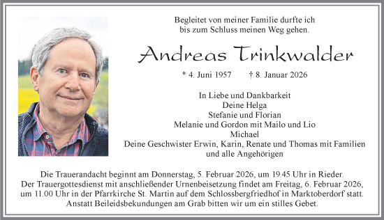 Traueranzeige von Andreas Trinkwalder von Allgäuer Zeitung, Marktoberdorf