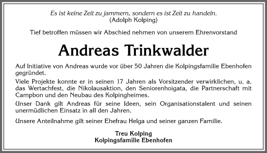 Traueranzeige von Andreas Trinkwalder von Allgäuer Zeitung, Marktoberdorf