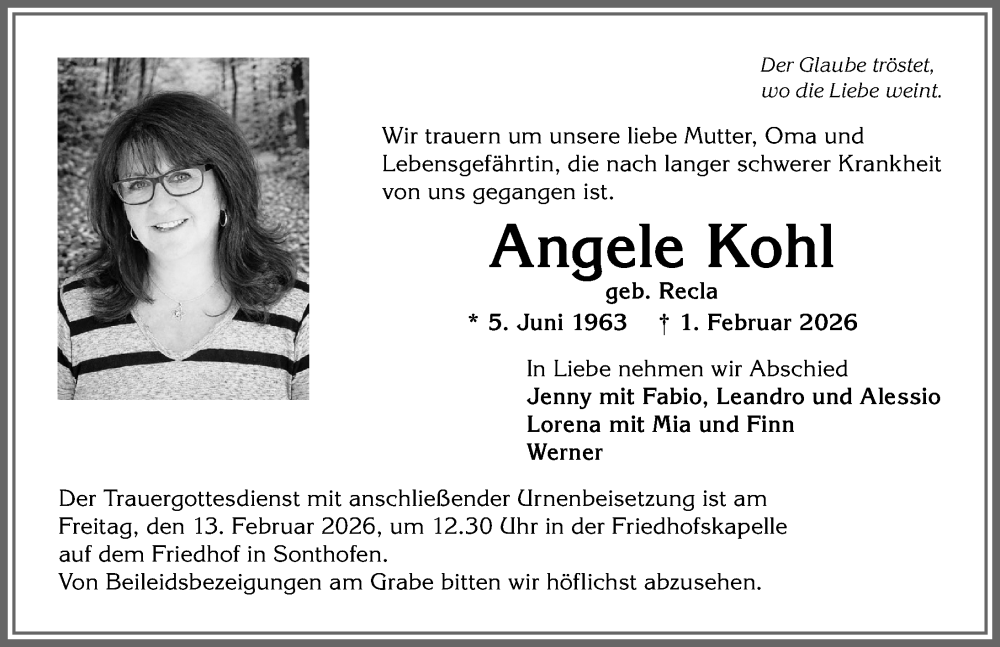  Traueranzeige für Angele Kohl vom 07.02.2026 aus Allgäuer Anzeigeblatt
