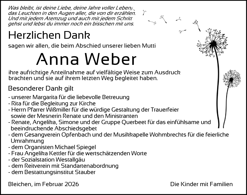  Traueranzeige für Anna Weber vom 14.02.2026 aus Der Westallgäuer