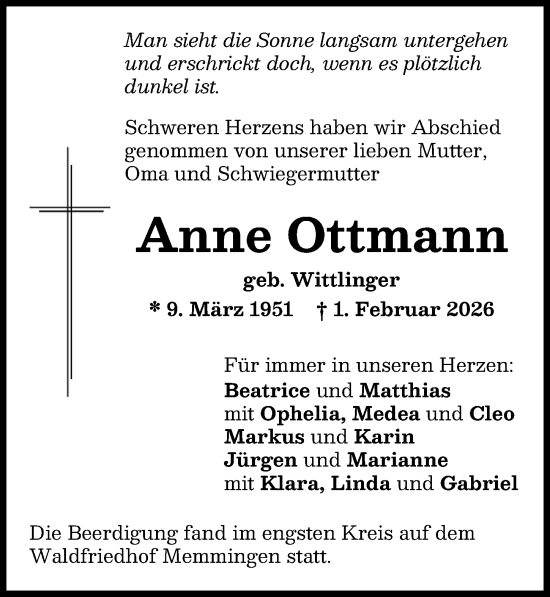 Traueranzeige von Anne Ottmann von Memminger Zeitung