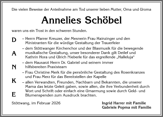Traueranzeige von Annelies Schöbel von Allgäuer Zeitung, Kaufbeuren/Buchloe
