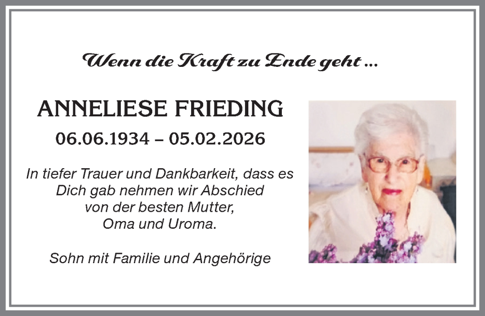  Traueranzeige für Anneliese Frieding vom 14.02.2026 aus Allgäuer Zeitung, Füssen