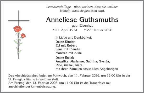 Traueranzeige von Anneliese Guthsmuths von Allgäuer Zeitung,Kempten