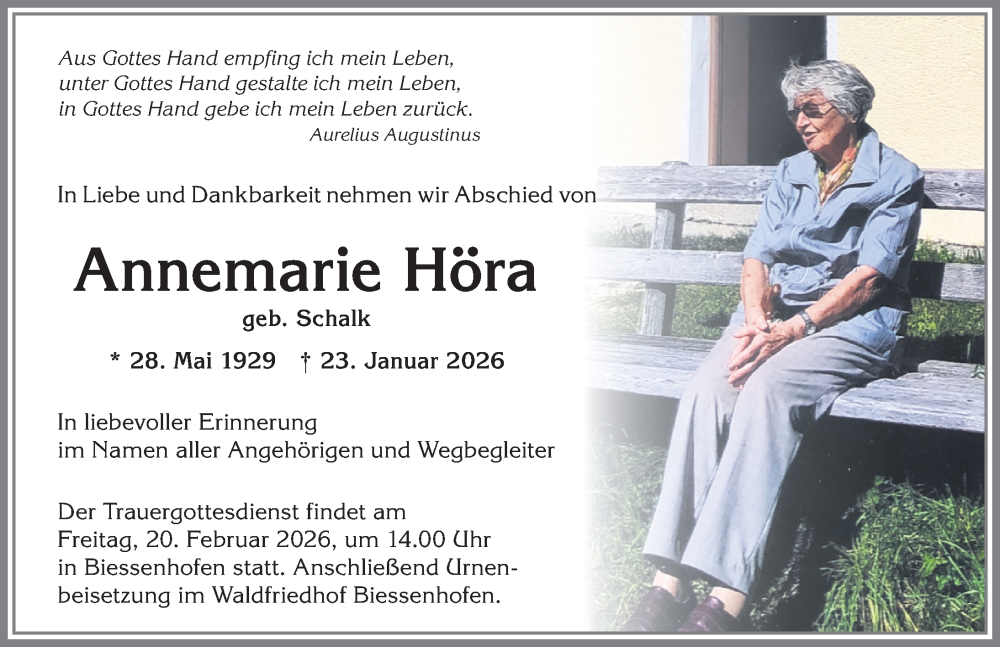  Traueranzeige für Annemarie Höra vom 14.02.2026 aus Allgäuer Zeitung, Kaufbeuren/Buchloe
