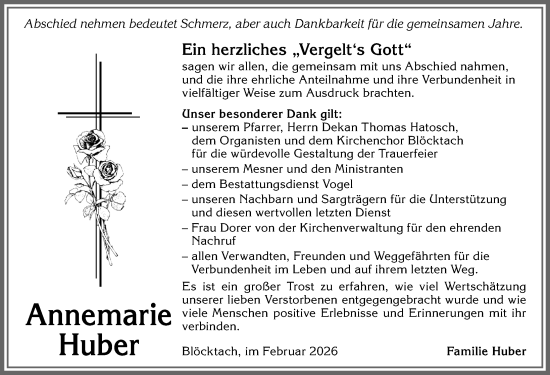 Traueranzeige von Annemarie Huber von Allgäuer Zeitung, Kaufbeuren/Buchloe