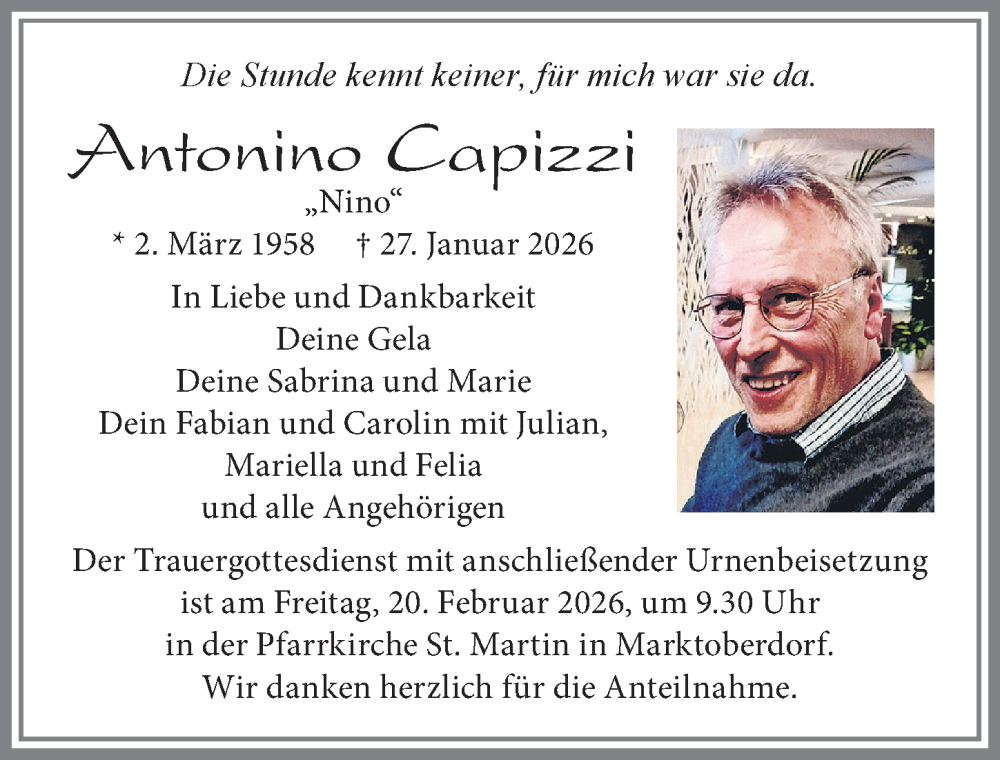  Traueranzeige für Antonino Capizzi vom 14.02.2026 aus Allgäuer Zeitung, Marktoberdorf