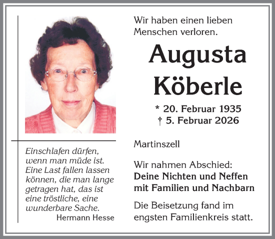 Traueranzeige von Augusta Köberle von Allgäuer Zeitung,Kempten