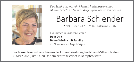 Traueranzeige von Barbara Schlender von Allgäuer Zeitung,Kempten